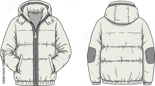 Technical sketch of hooded padded winter jacket, front and back view, zipper closure, elbow patches, elastic cuffs, fashion illustration