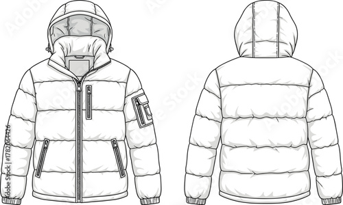 Technical sketch of hooded quilted puffer jacket, front and back view, sleeve pocket, drawstring hem, zipper closure, fashion illustration