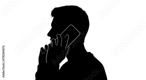 Silhouette of a person talking on a cellphone with a white background in a dark and moody setting