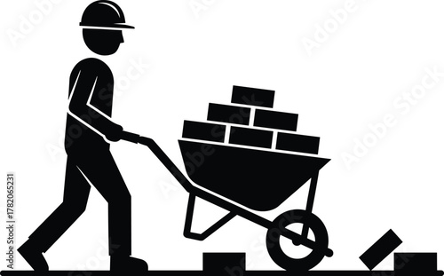 Silhouette of construction worker pushing wheelbarrow full of bricks, vector illustration for building, masonry, construction industry, labor, and architecture design concept