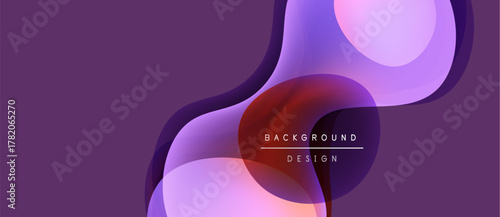 Abstract fluid shapes overlap, creating vibrant purple gradients. Modern design elements suggest digital art, background texture.