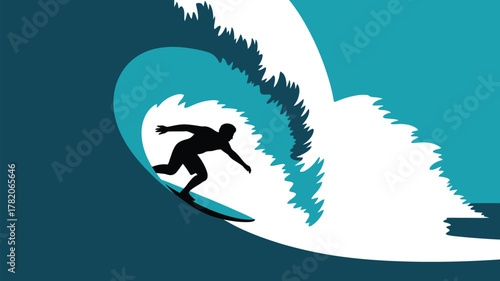Dynamic silhouette of a surfer skillfully riding a massive ocean wave with spray flying, capturing the thrill of extreme water sports and adventure