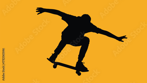 Dynamic silhouette of a skateboarder capturing an airborne trick against a vibrant orange backdrop, embodying urban sports and youthful energy.