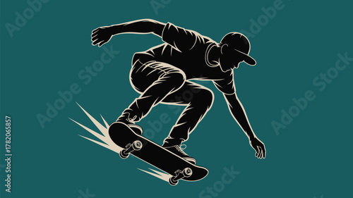 Dynamic skateboarder executing a radical trick mid-air, capturing the thrill and freedom of urban sport with stylized flair.