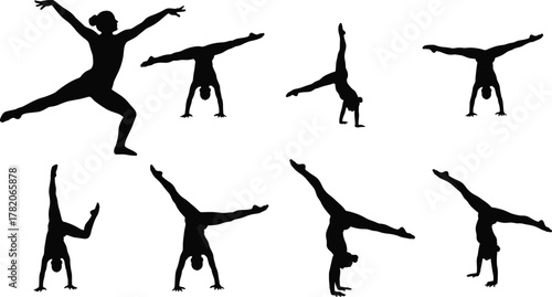 Gymnast silhouette vector, acrobatic poses illustration, handstand split icon, flexible athlete clipart, sports movement design, cad drawing flat vector illustration