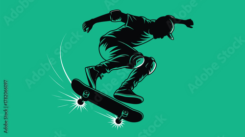 Dynamic skateboarder in silhouette performs a daring trick mid-air, capturing the thrill of extreme urban sports and youthful energy.