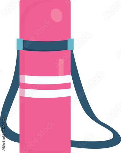 Pink yoga mat with a dark blue strap, isolated on white background