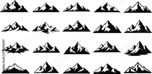 Mountain silhouette vector, black and white peaks, terrain icon set, alpine clipart design, cad drawing flat vector illustration, outdoor landscape graphic