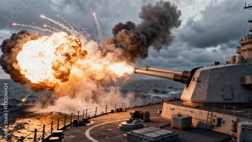 Battleship Firing Main Guns Naval Artillery Combat Action