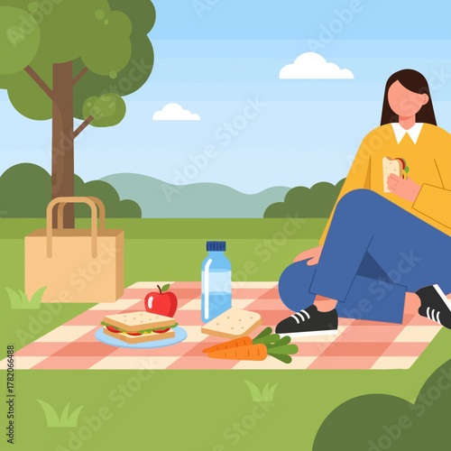 A woman enjoys a peaceful solo picnic in a park on a sunny day, sitting on a blanket with healthy food.