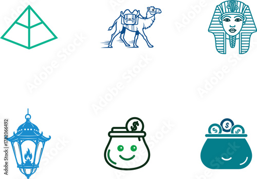 Egypt themed icons featuring pyramid camel pharaoh lantern and money bags