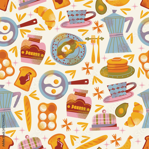 Breakfast food seamless pattern fried eggs, toasts, croissant, cup, pancakes, avocado, banana, butter dish, and jam jar. Flat vector illustration kitchen utensils. Food and morning meal concept