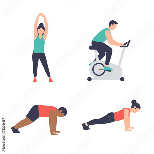 Collection of four flat vector illustrations showing diverse people engaged in various fitness activities.