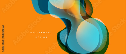 Abstract fluid shapes overlap, creating vibrant color blends. Orange background provides strong contrast, modern design element.