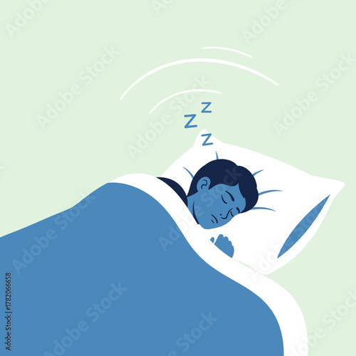 Vector illustration of a person sleeping soundly in bed, with Z's floating above their head to indicate deep slumber.