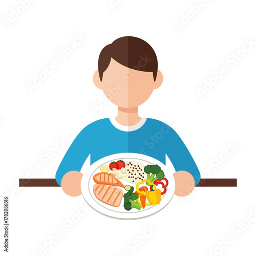 Illustration of a faceless man in a blue shirt holding a plate with a healthy, balanced meal of grilled chicken, grains, and vegetables.