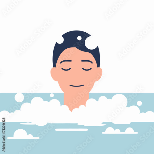 A serene man with closed eyes peacefully relaxing in a foamy bubble bath, a concept of self-care and wellness.