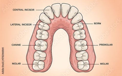 Illustration of human teeth lower jaw showing central lateral incisors canine premolar molar
