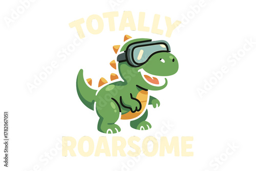 Cartoon dinosaur wearing goggles with a cheerful expression, conveying a playful and fun attitude for kids