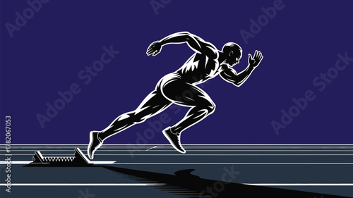 Dynamic sprinter explodes from starting blocks on track, capturing intense speed and athletic power for sports and achievement themes