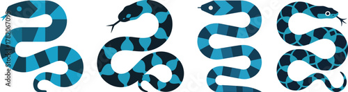 Geometric Patterned Snake Vector Set: Flat Design Blue and Teal Reptile Collection