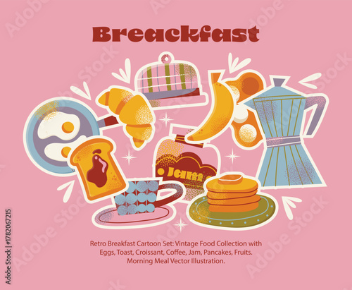 Breakfast food set fried eggs, toasts, croissant, coffee moka pot, cup, pancakes, avocado, banana, butter dish, and jam jar. Flat vector illustration kitchen utensils. Food and morning meal concept