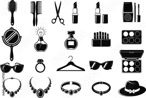 Vector illustration collection of fashion and beauty accessories including makeup, jewelry, perfume, sunglasses, and cosmetic tools for salon and stylist design