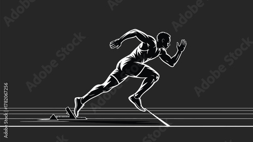 Dynamic sprinter exploding from starting blocks in a powerful burst of speed on a dark track, capturing peak athletic performance and intense competition.