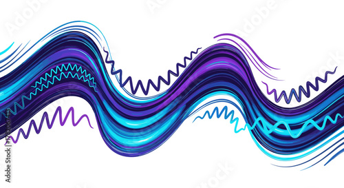Vivid abstract decorative wave composed of flowing brush strokes in shades of blue and purple, featuring dynamic zigzag and wavy lines, evoking a sense of fluid motion, music, or sound waves, perfect