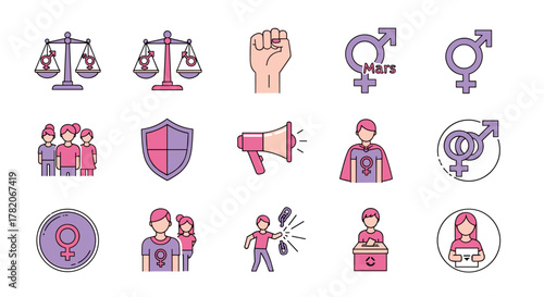 Vibrant and inclusive vector icon set celebrating gender equality and feminism, featuring symbols of justice, unity, protest, and empowerment, perfect for UI, placards, books, apps, and websites