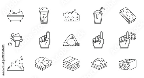 A collection of foam-related line icons, including a bathtub with bubbles, drinks with foam, sponges, foam fingers, and layered foam elements, perfect for graphic design, web design, apps, and