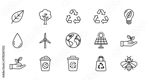 Set of 15 clean and modern line icons representing ecology and environmental protection, including a leaf, tree, recycling symbols, lightbulb, water drop, wind turbine, globe, solar panel, hand