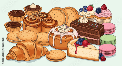 A vibrant and delicious assortment of sweet pastries, including flaky croissants, cinnamon buns, chocolate tarts, cream-filled biscuits, rich chocolate cake, creamy cheesecake topped with berries