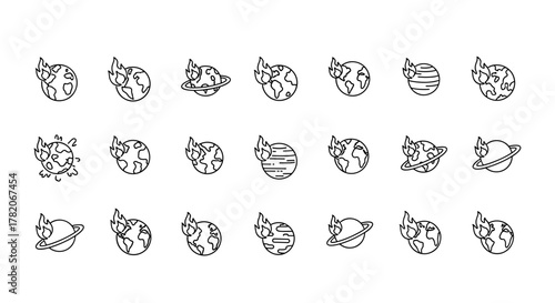 Planet on Fire Line Icons Bundle: A Collection of Outline Signs Representing Global Warming and Environmental Crisis, Perfect for Graphic Design, Web, Apps, Advertisements, Cards, and Vector Cartoon