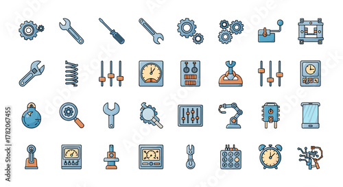 Set of colorful cartoon icons representing mechanisms, tools, and settings, perfect for web design, books, cards, and apps. Includes gears, wrenches, screwdrivers, springs, sliders, gauges, robotic
