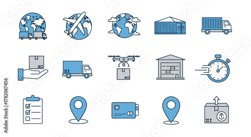 Set of Global Delivery and Logistics Related Line Icons, Outline Signs for Graphic and Web Design, Apps, Advertisements, Various Cards, Vector Cartoon Illustration with a Focus on Shipping