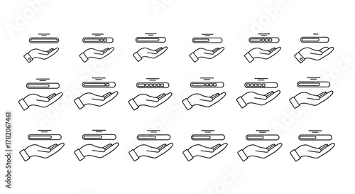 Set of thin line progress bar icons above open hands, symbolizing loading, waiting, and progress in web design, apps, and digital interfaces. Vector cartoon illustration on a white background