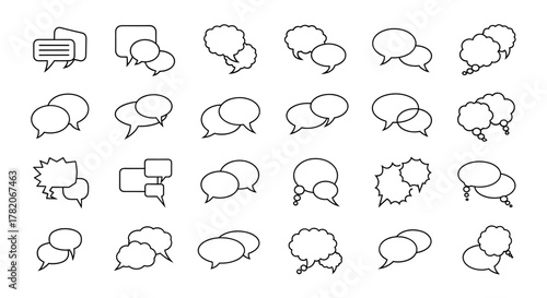 Collection of outline speech bubbles and conversation icons, representing talking, dialogues, and communication. Simple linear vector graphics with editable stroke, perfect for web, books, cards, and