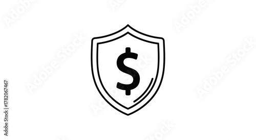 Minimalistic linear icon of a shield with a dollar sign inside, representing financial security, insurance, protection, and investment. This versatile vector graphic is ideal for web design, app