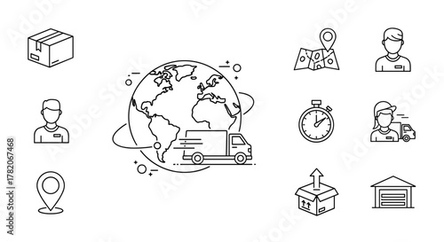 Global delivery service icons set, including a truck circling the Earth, a package, a map with a pin, a stopwatch, a warehouse, a delivery person, and a location pin, presented in a clean
