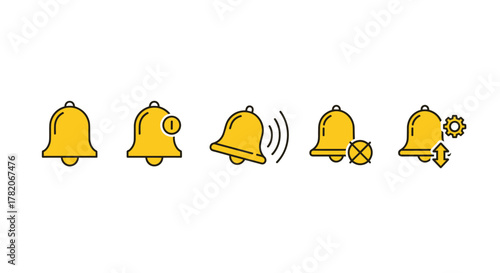 Collection of yellow bell icons with various states and functions, including a notification alert, sound waves, mute symbol, and settings adjustment, presented in a minimalistic linear pictogram