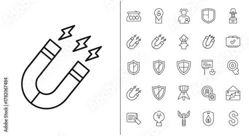 A collection of outline linear icons representing business, security, and technology concepts, featuring a prominent horseshoe magnet attracting lightning bolts, shields, a briefcase with a