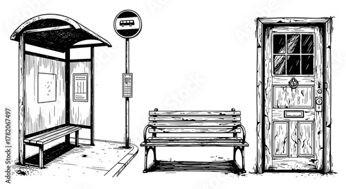 Gritty black and white illustration of urban elements, featuring a weathered bus stop with a bench and signage, a separate park bench, and a distressed wooden door with a glass pane, evoking a sense