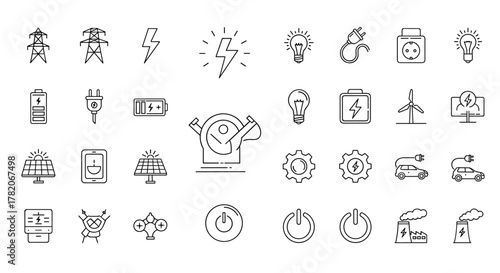 Set of line icons representing electricity and electrical equipment, including power lines, lightning bolts, light bulbs, batteries, solar panels, wind turbines, electric cars, power outlets, and
