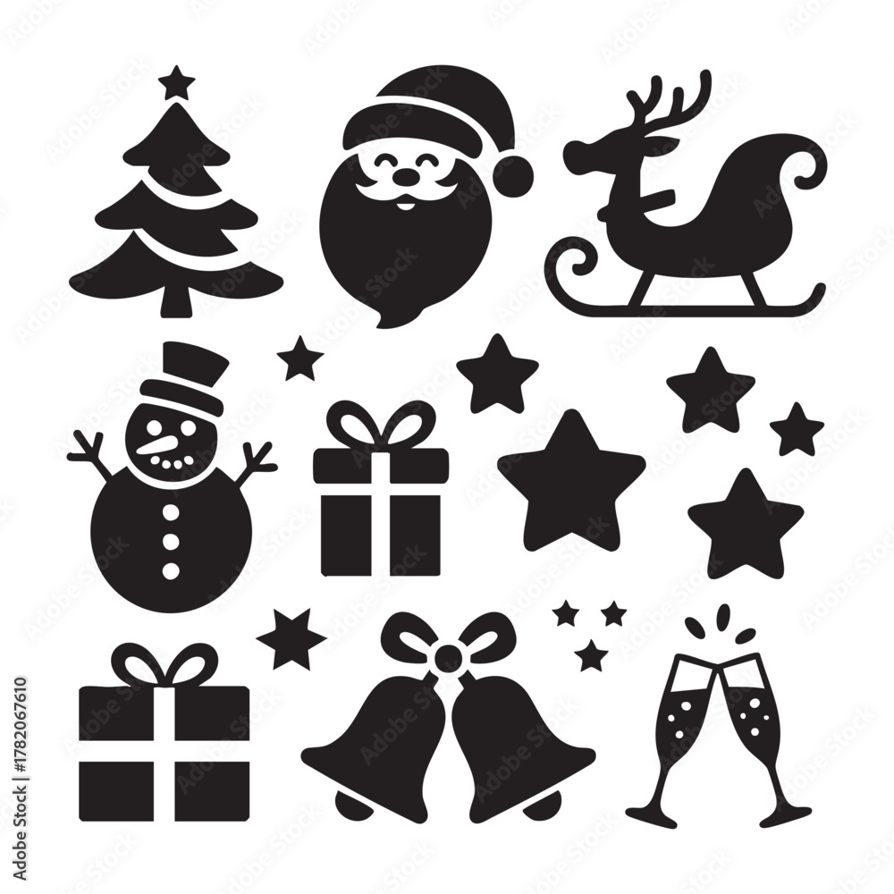 Fototapeta premium Black Christmas Icons Santa Claus Snowman Reindeer Sleigh Gifts Bells Stars holiday