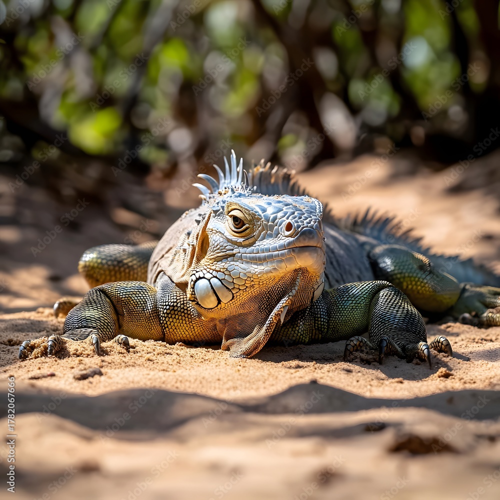 Fototapeta premium Iguana Facing Forward on Sandy Ground with Blurred Greenery Photo
