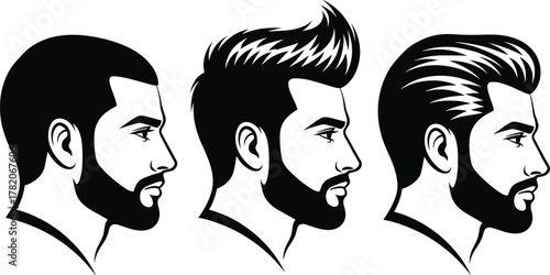 Vector illustration of men hairstyles and beard styles in profile view, modern male grooming, barber haircut collection, fashion and style concept