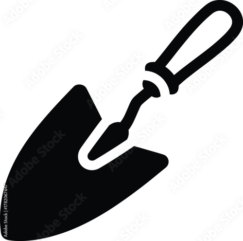Vector illustration of garden trowel tool icon, gardening equipment for planting, landscaping, soil digging and agricultural work, simple black silhouette design