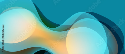 Abstract fluid shapes blend, creating dynamic composition. Warm tones meet cool blues, suggesting movement, energy. Smooth gradients define forms.