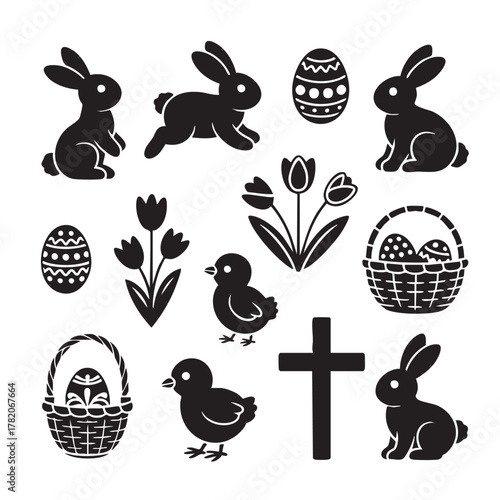 Black Easter bunny chicks tulips eggs and cross silhouettes on white rabbit chicken